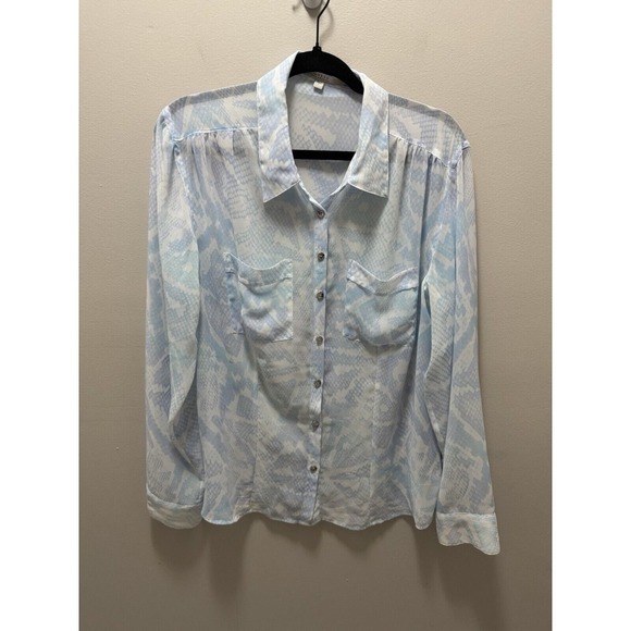 Guess Women's Blue Snakeskin Sheer Long Sleeve Button Down‎ Top Size Large - Picture 1 of 9
